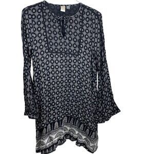 Roxy Tunic Blouse Womens Medium Navy Blue White Boho Bell Sleeve Split Tie Neck